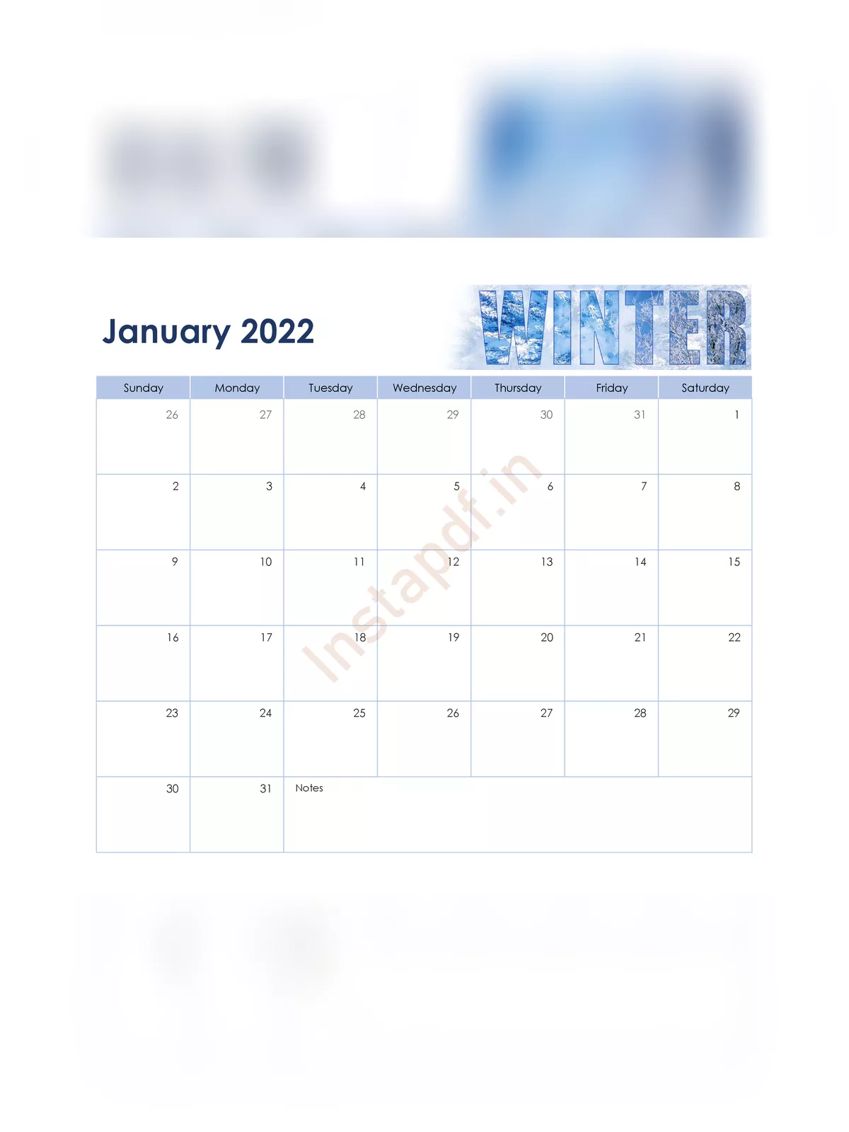 Blank Calendar 2022