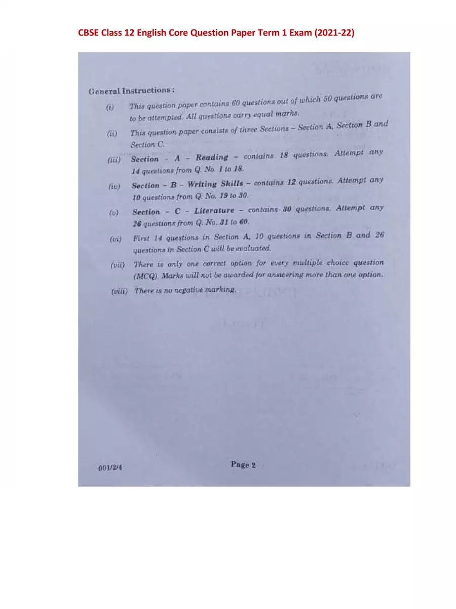 2nd Page of CBSE Class 12 English Question Paper 2021 Solved PDF