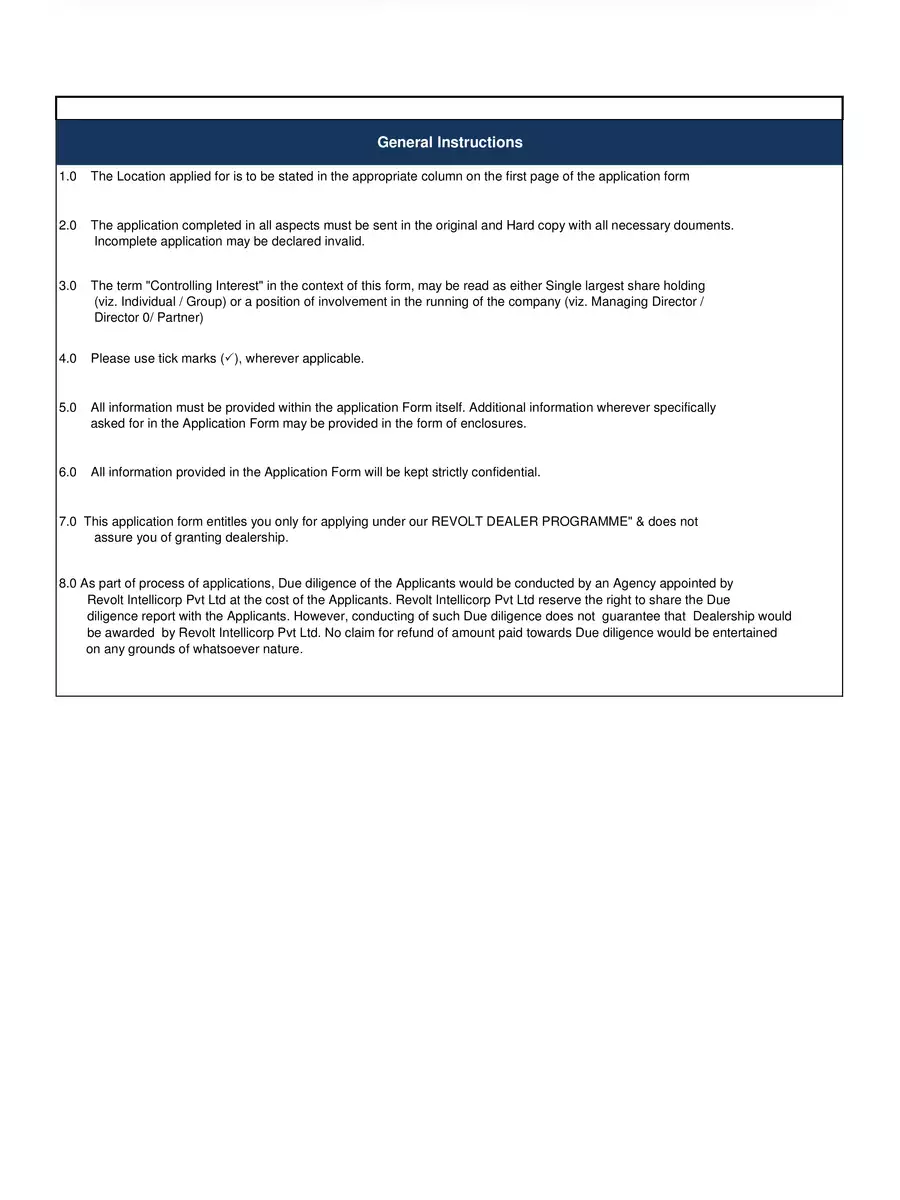 2nd Page of Revolt Bike Dealership Application Form PDF