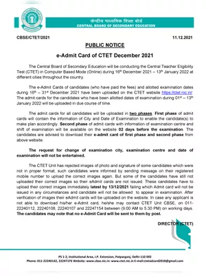 ctet.nic.in Admit Card 2021