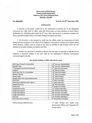 West Bengal Government Holidays List 2022