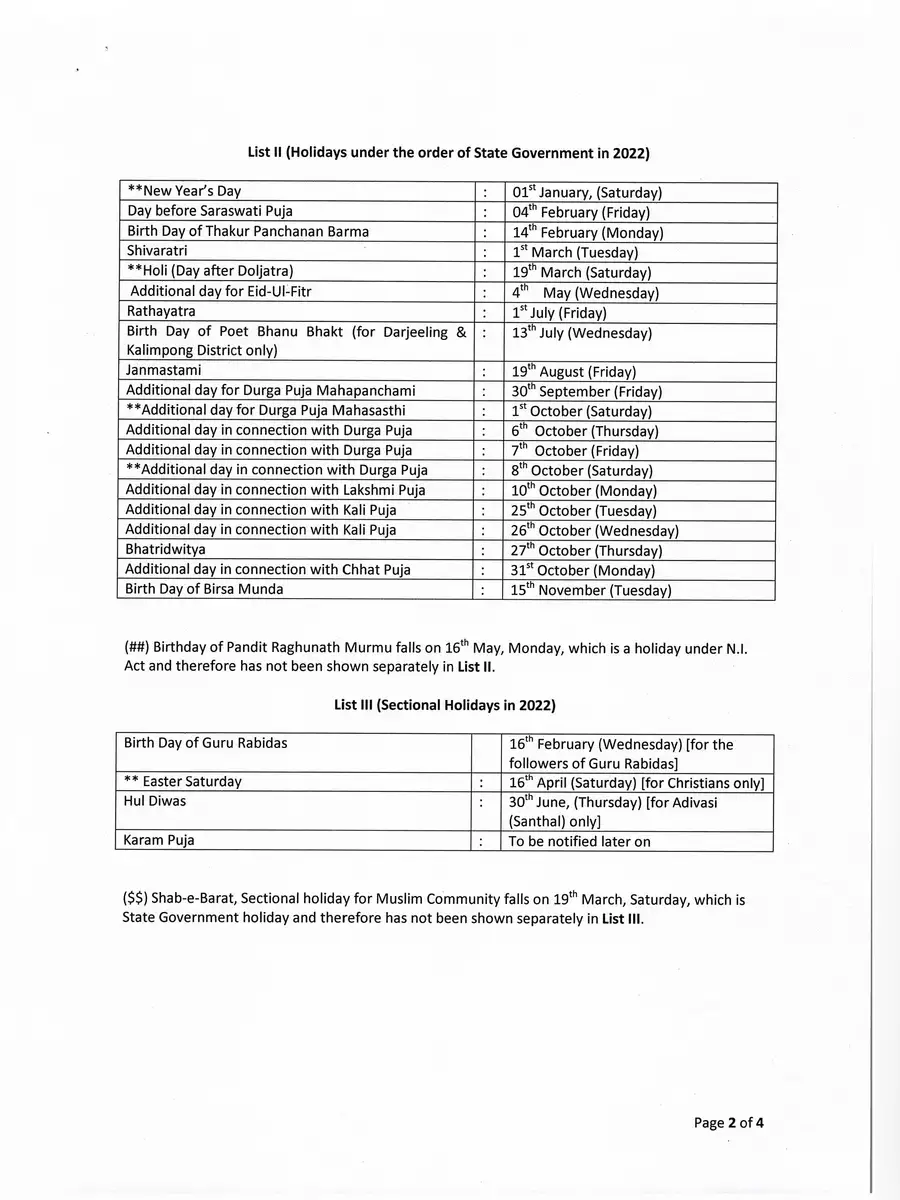 2nd Page of West Bengal Government Holidays List 2022 PDF