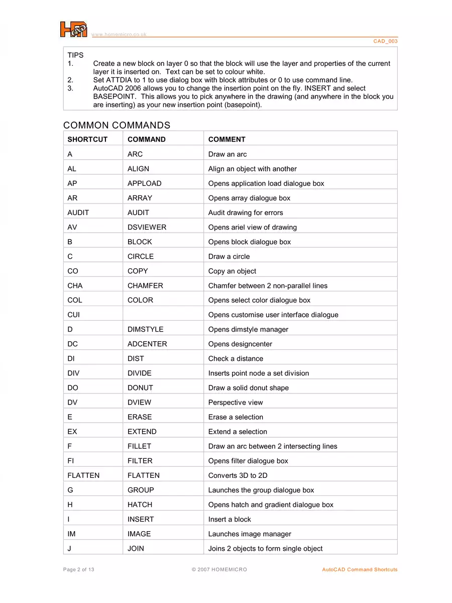 2nd Page of Autocad Shortcut Keys PDF