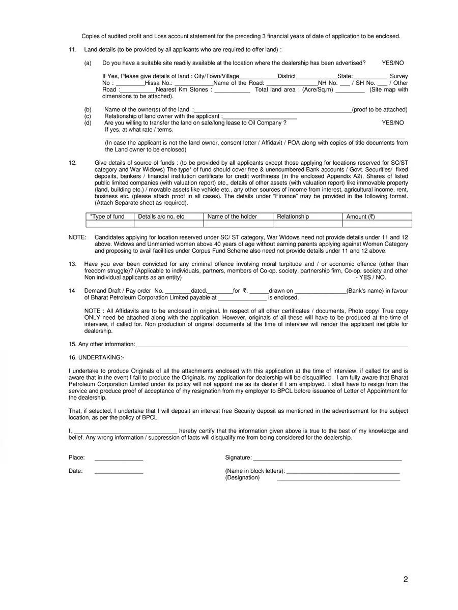 2nd Page of Bharat Petroleum Petrol Pump Dealership Application Form PDF