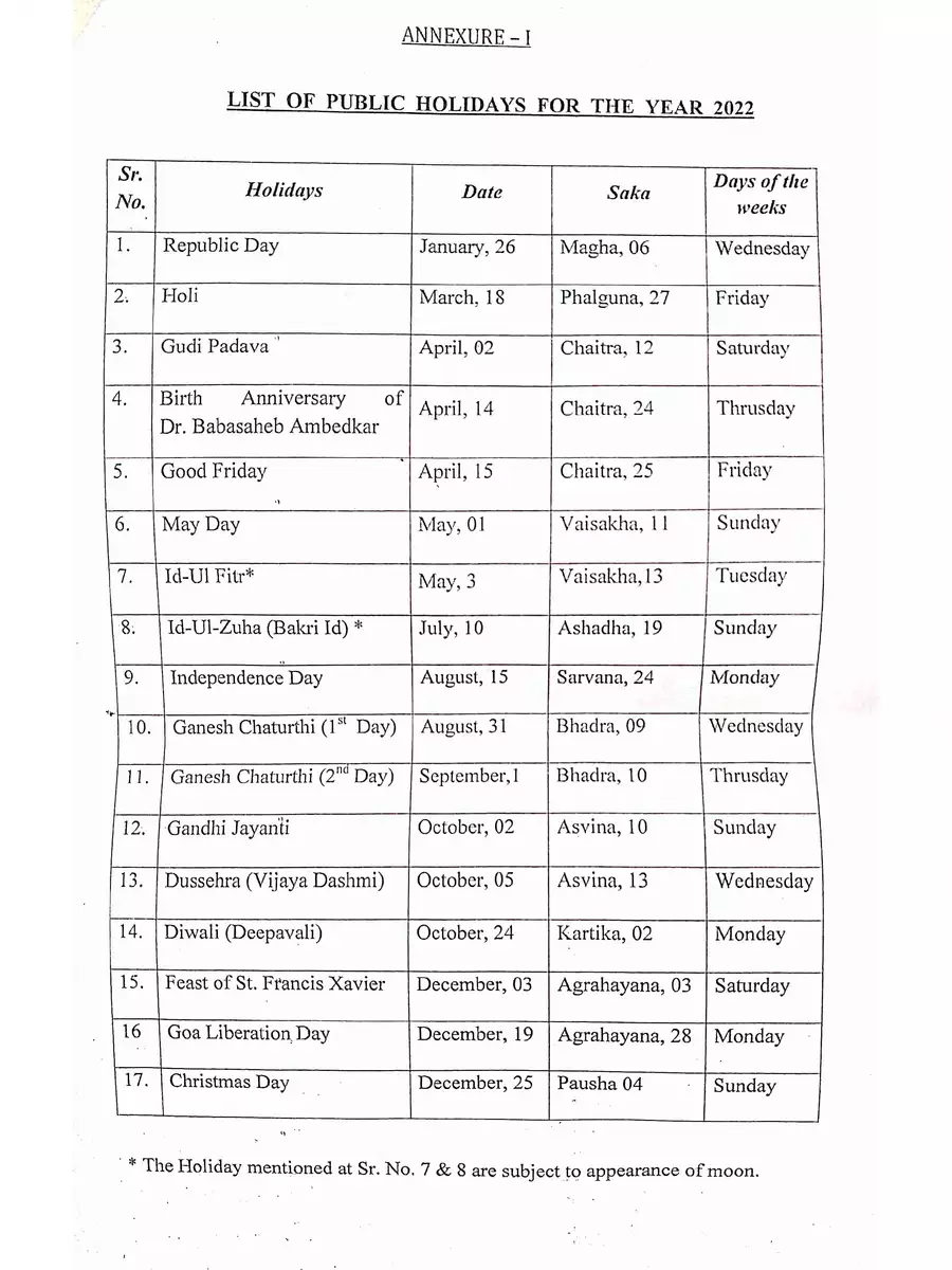 2nd Page of Goa Government Holidays List 2022 PDF