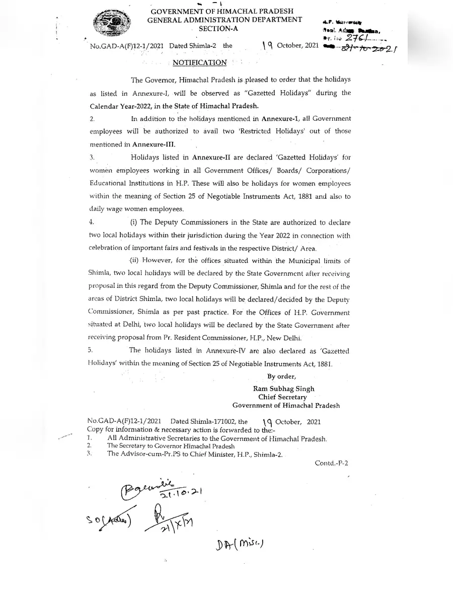 2nd Page of Himachal Pradesh (HP) Government Holidays List 2022 PDF