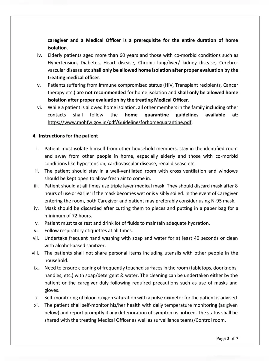 2nd Page of MoHFW Home Isolation Revised (New) Guidelines PDF