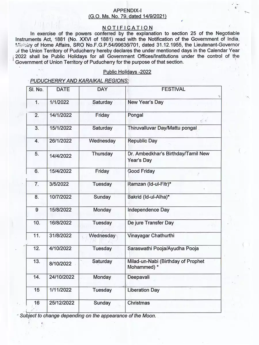2nd Page of Pondicherry Government Holidays List 2022 PDF