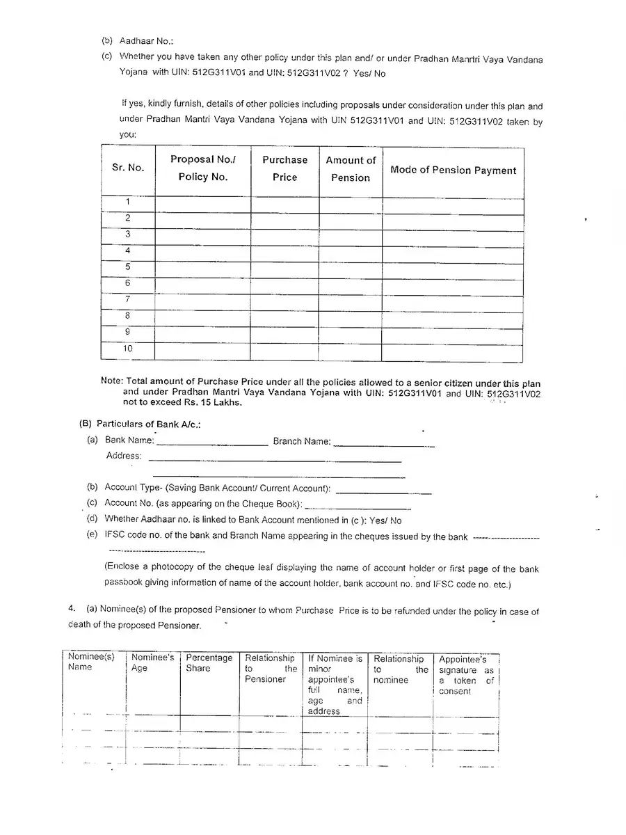 2nd Page of Pradhan Mantri Vaya Vandana Yojana (PMVVY) Form – LIC Plan 856 PDF