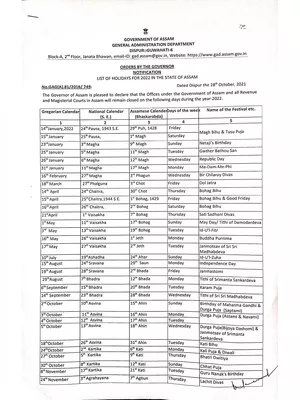 Assam Govt Holiday List 2022