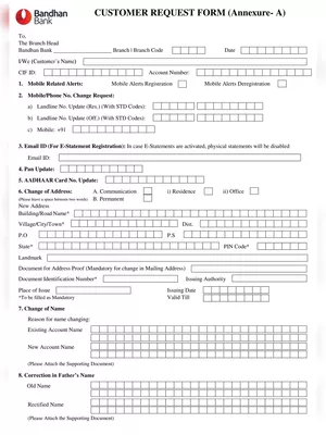 Bandhan Bank Customer Request Form