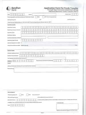 Bandhan RTGS – NEFT Form PDF