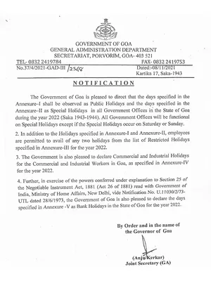 Goa Government Holidays List 2022