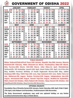 Odisha Government Calendar 2022