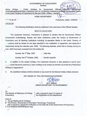 Pondicherry Government Holidays List 2022