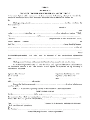 RTO Form 29 – Notice Transfer of Motor Vehicle PDF