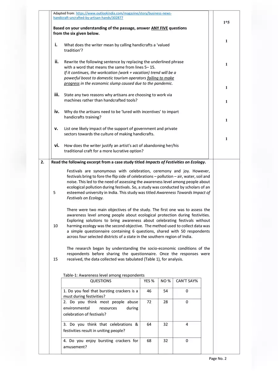 2nd Page of Term 2 Sample Papers 2022 for Class 10 PDF