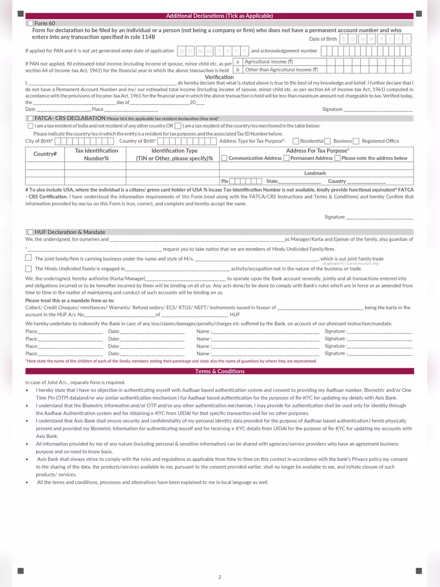 2nd Page of Axis Bank Re-KYC Form PDF