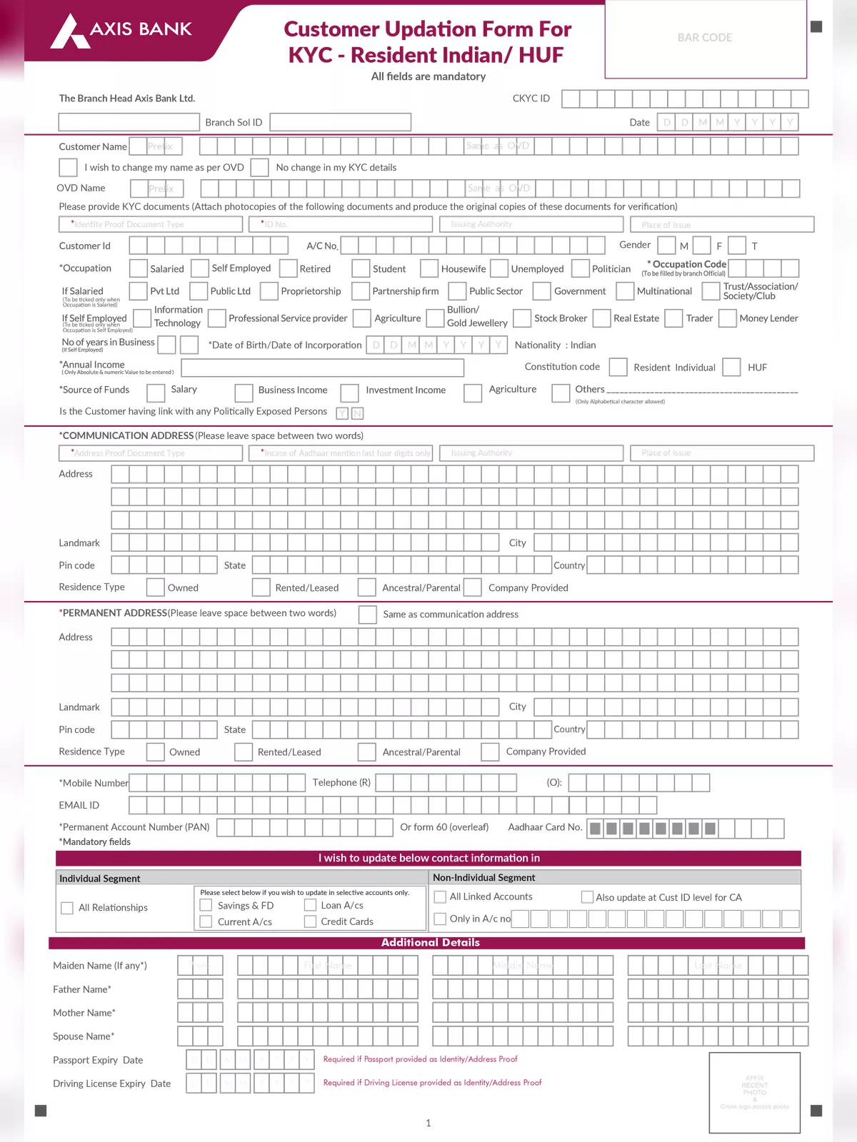 Axis Bank Re-KYC Form