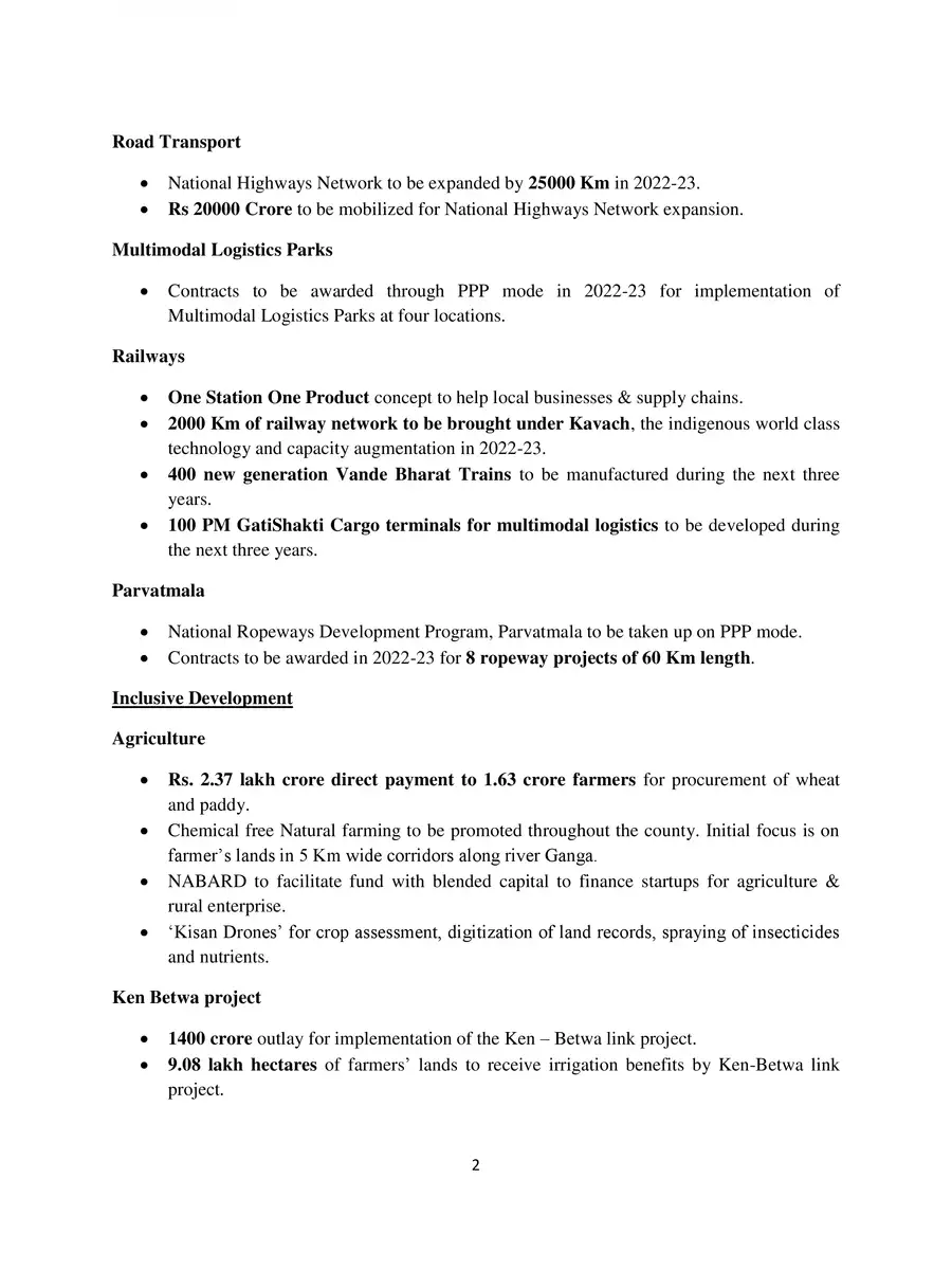 2nd Page of Budget 2022 PDF