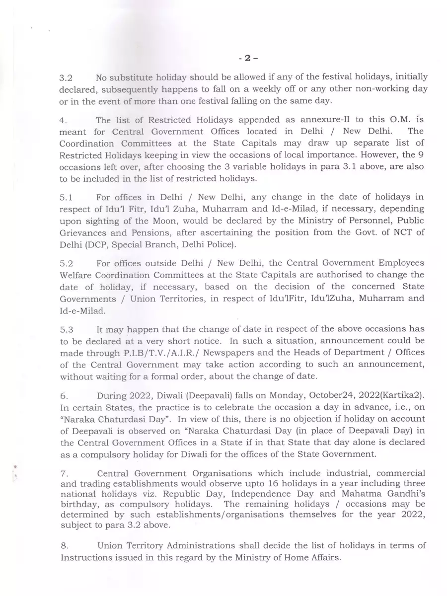 2nd Page of Central Government Holiday List 2022 PDF