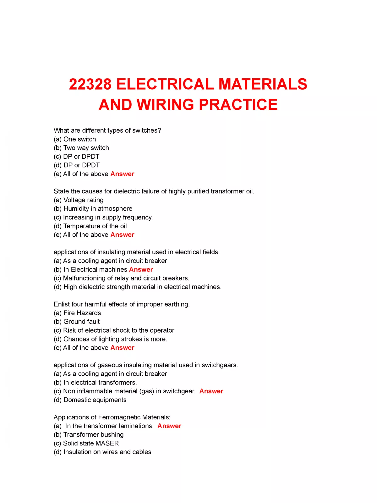 Electrical Material and Wiring Practice MCQ