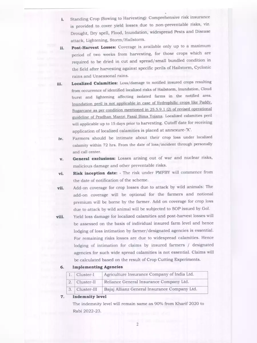 2nd Page of फसल बीमा लिस्ट जिलेवार सूची Haryana 2022 – Haryana Fasal Bima List 2022 PDF