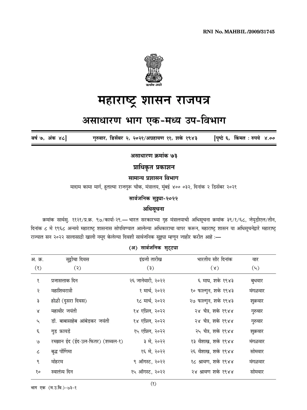 Maharashtra Government Holidays List 2022