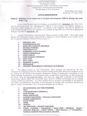 Central Government Holiday List 2022