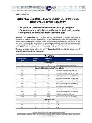 Jio Recharge Plans List 2024 PDF