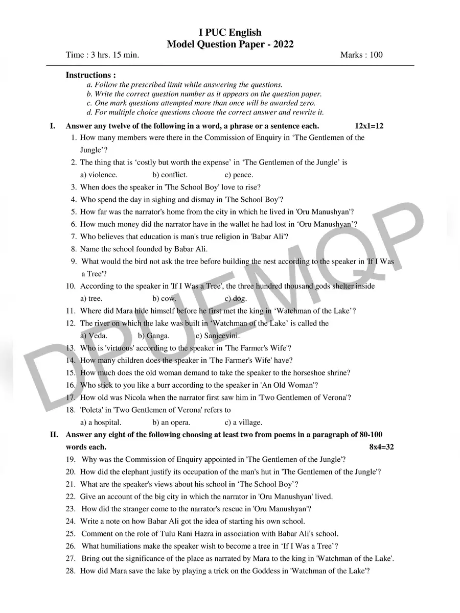 2nd Page of 1st PUC Model Question Paper 2022 PDF