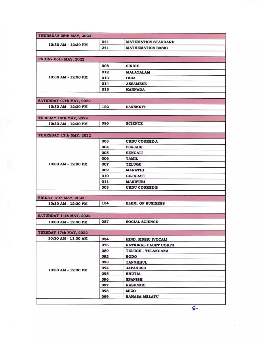 2nd Page of CBSE Date Sheet 2022 Class 10 PDF