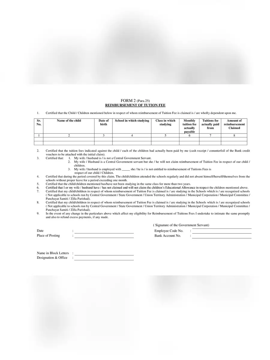 2nd Page of Children Education Allowance Form PDF