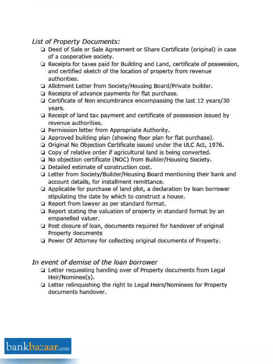 2nd Page of Home Loan Documents List PDF