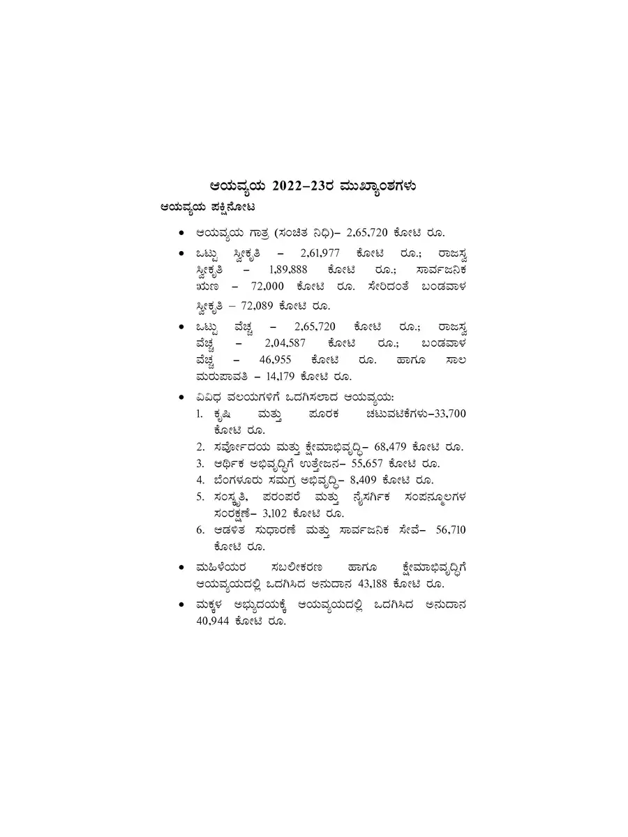 2nd Page of Karnataka Budget 2022-23 PDF