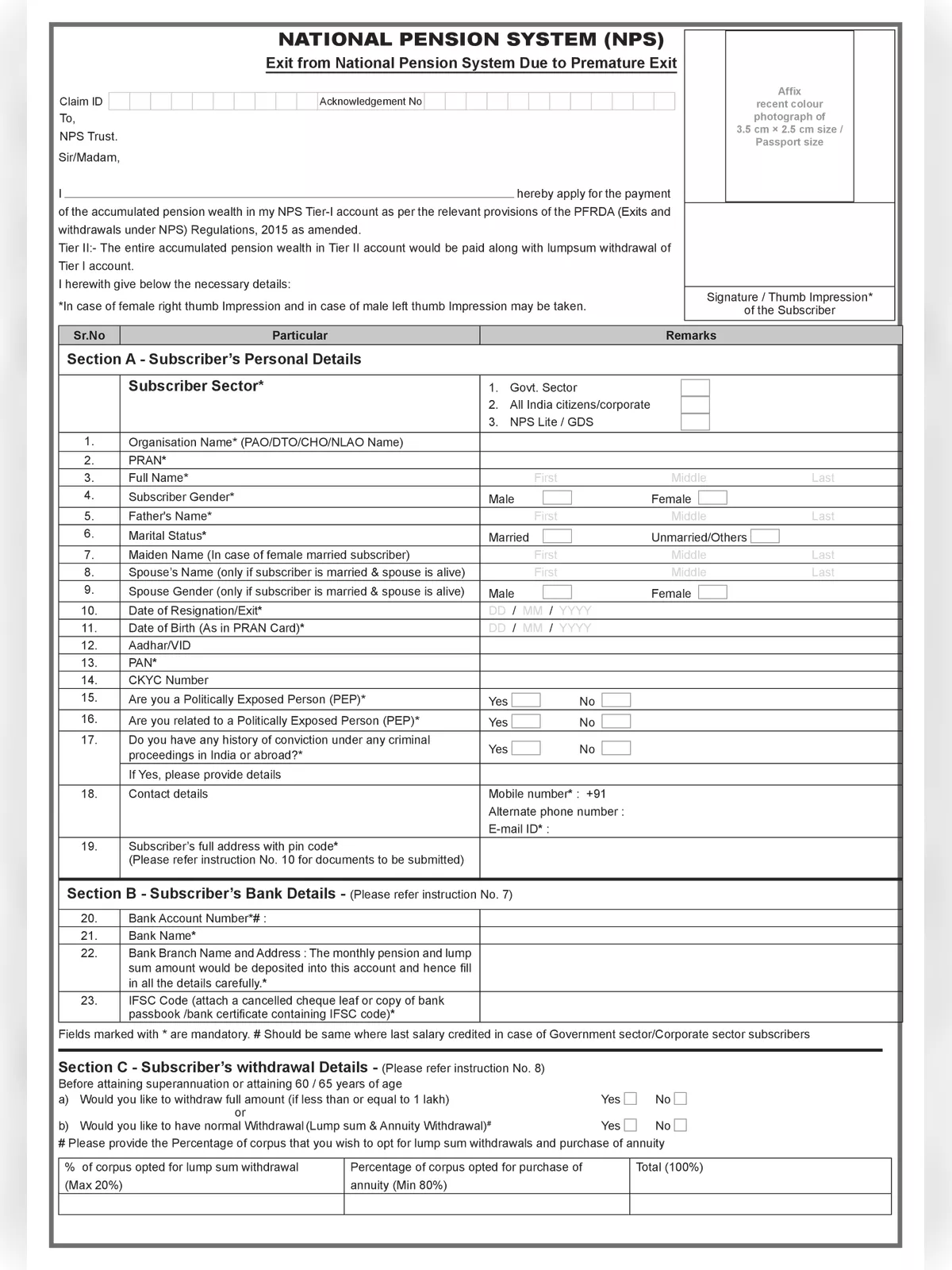 NPS Withdrawal Form
