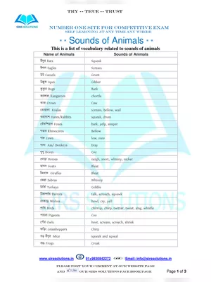 Animal Sounds List English
