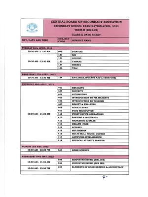 CBSE Date Sheet 2022 Class 10