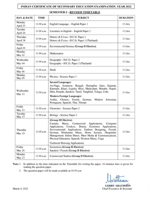 ICSE Class 10 Board Exam Time Table 2022