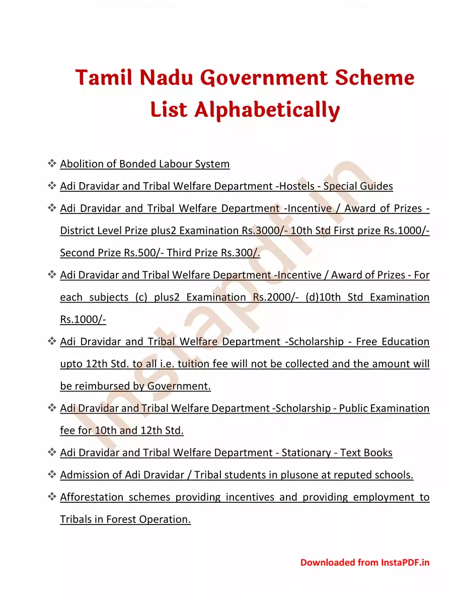 2nd Page of Tamil Nadu Govt Scheme List 2024 PDF