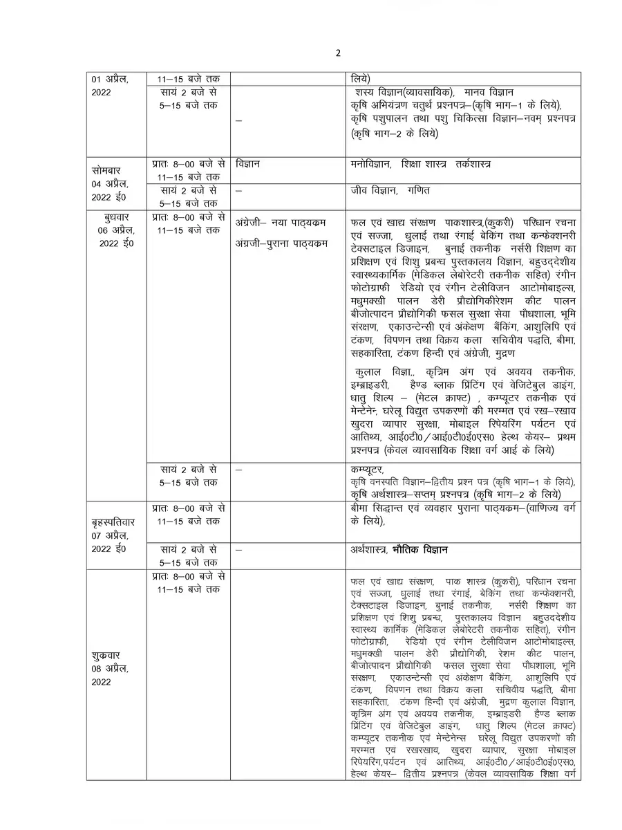 2nd Page of UP Board Time Table 2022 Class 10 PDF