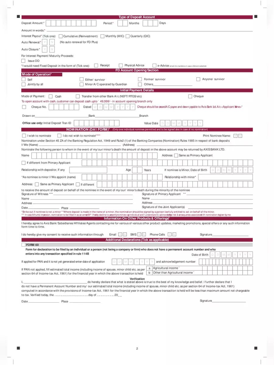 2nd Page of Axis Bank FD (Fixed Deposit) Form PDF