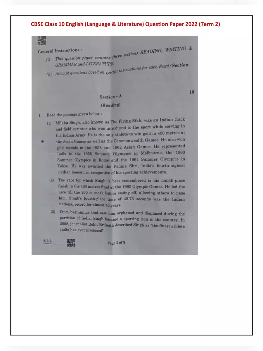 2nd Page of CBSE Class 10 Term 2 English Question Paper 2022 PDF