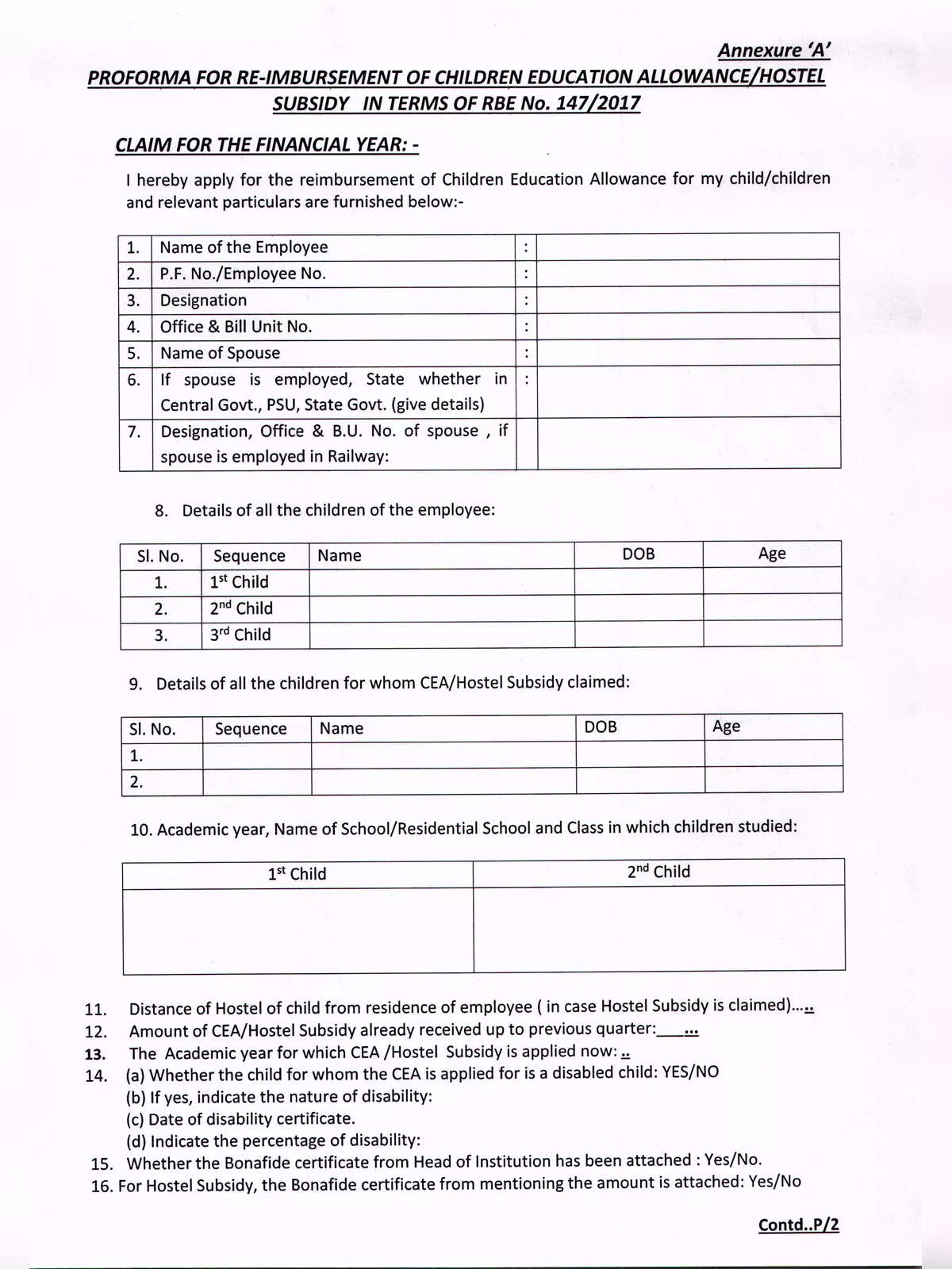 Children Education Allowance Form for Central Government Employee