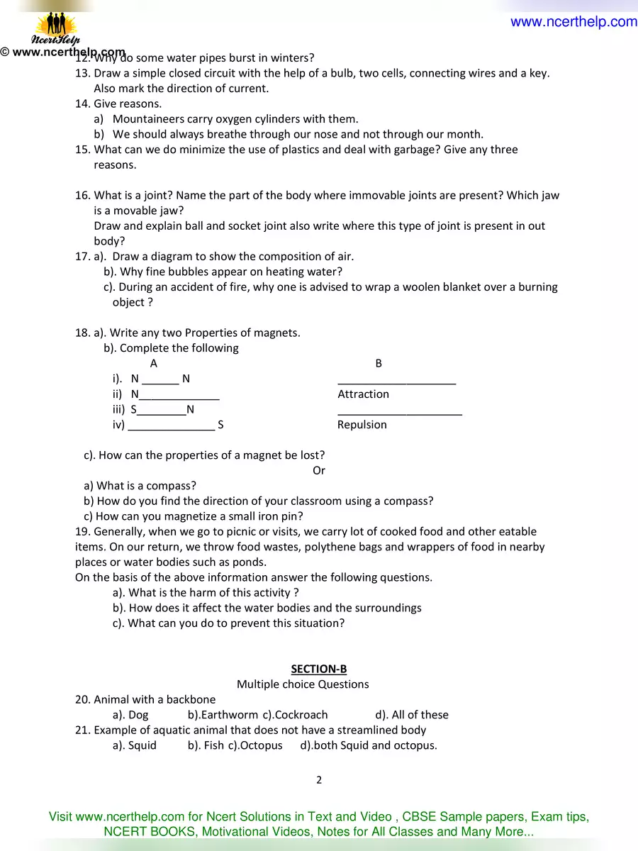 2nd Page of Class 6 Science Question Paper 2022 PDF