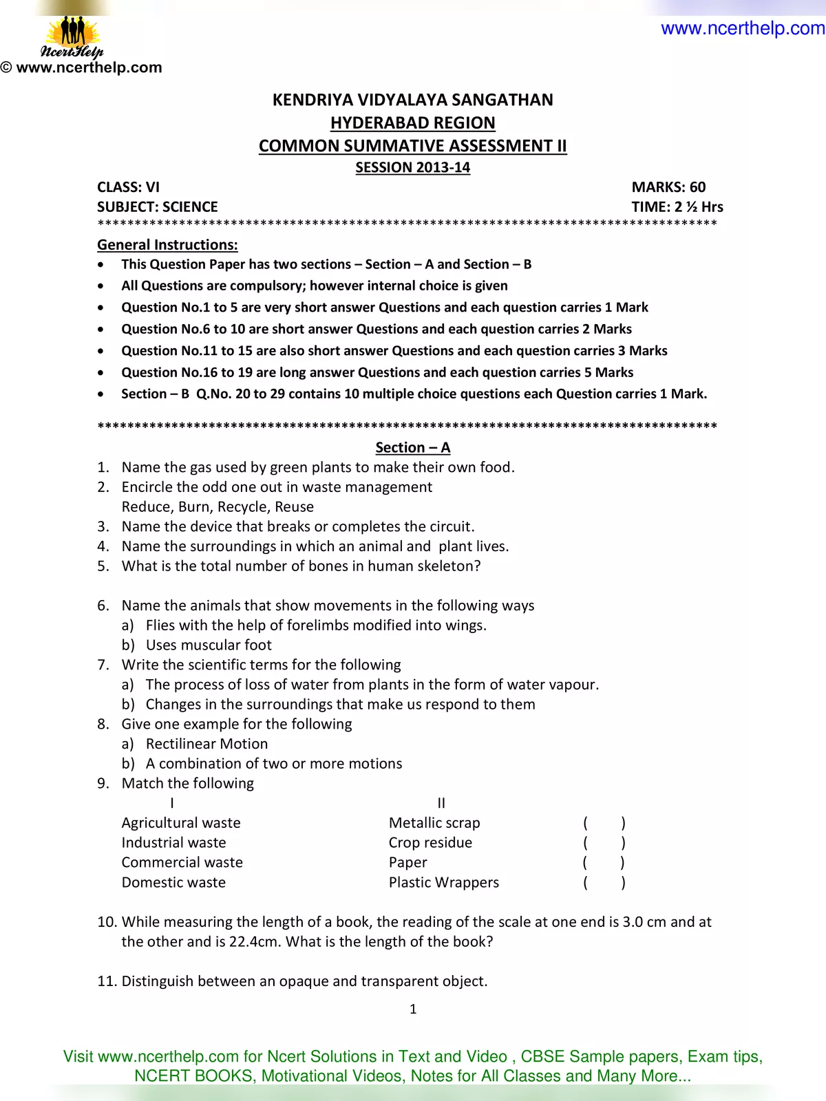 Class 6 Science Question Paper 2022
