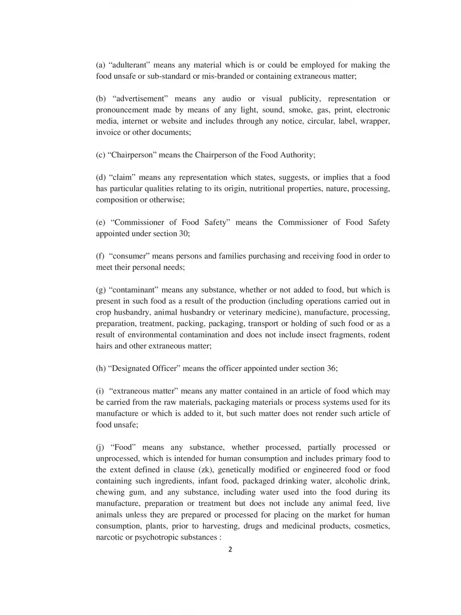 2nd Page of Food Safety and Standards Act 2006 PDF