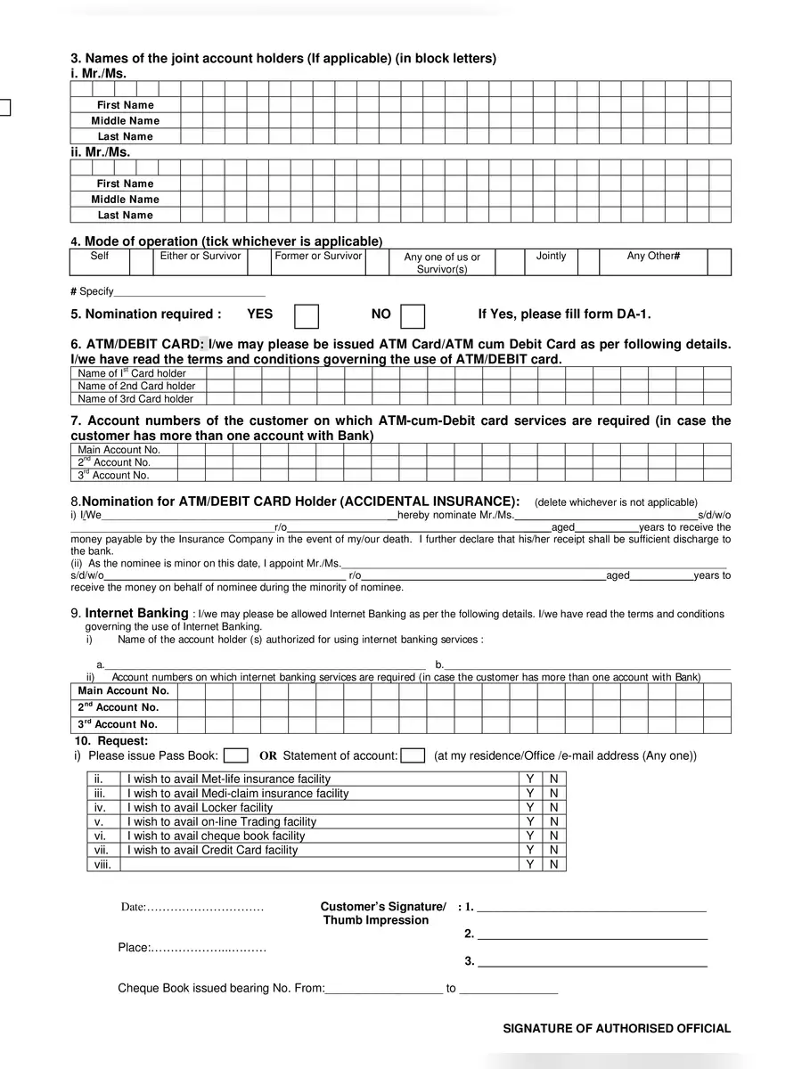 2nd Page of PNB Account Opening Form PDF