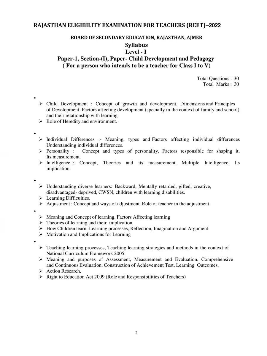 2nd Page of REET Level 1 Syllabus 2022 PDF
