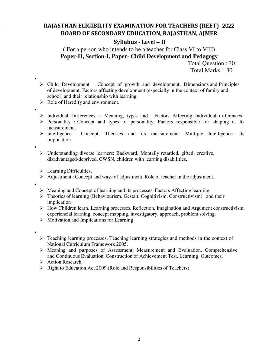 2nd Page of REET Level 2 syllabus 2022 PDF